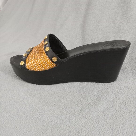 TORY BURCH Straw/Leather JOANIE Studded PLATFORM WEDGE SANDALS US 8.5 Logo s7155 - Picture 5 of 16